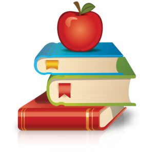 Bücherhaufen mit Apfel